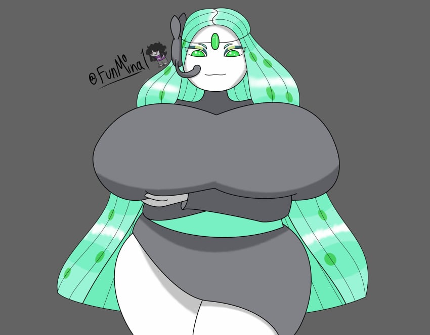 2d 2d_(artwork) :3 artist_signature big_breasts breast_focus breasts clothed clothing female female_only funmina green_eyes green_hair harmony_(funmina) holding_breast huge_breasts long_hair looking_down meloetta original_character pokémon_(species) pokemon pokemon_only thick_thighs white-skinned_female white_skin white_skinned_female