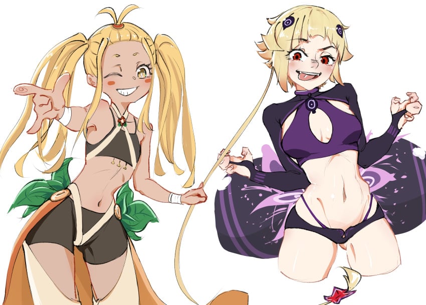 2girls blonde_hair capella_emerada_lugunica female liliana_masquerade multiple_girls re:zero_kara_hajimeru_isekai_seikatsu sports_bra tagme