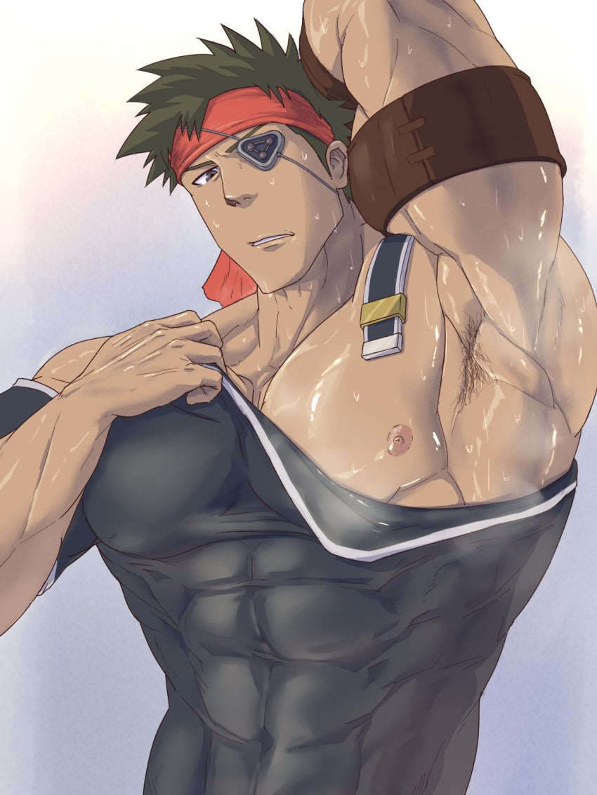 1boy abs abs_visible_through_clothing arm_up armpit_focus armpit_hair armpit_stubble armpits bara bare_pectorals covered_navel eyepatch fumio(ふみを) fumio_(snnmfmw) headband highres irvine_(zoids) large_pectorals male male_focus male_only muscular muscular_male nipples no_visible_genitalia pectorals presenting_armpit red_headband shirt short_hair solo solo_male spiked_hair sweaty_armpits taut_clothes taut_shirt upper_body zoids