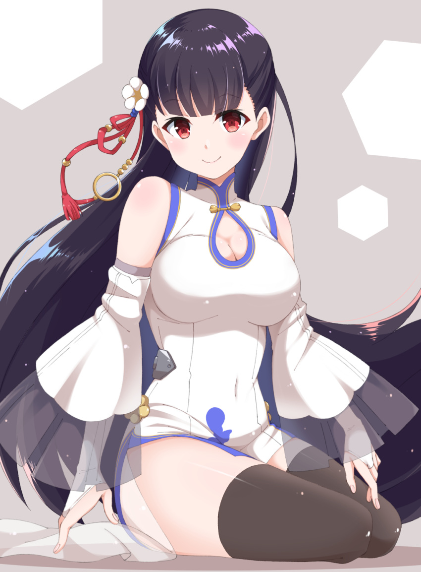 1girls azur_lane bare_shoulders black_hair black_legwear blush breasts china_dress chinese_clothes cleavage cleavage_cutout commentary_request covered_navel detached_sleeves dragon_empery_(azur_lane) dress eyebrows_visible_through_hair female female_only fukemachi highres large_breasts light-skinned_female light_skin long_hair looking_at_viewer red_eyes side_slit sitting smile solo thighhighs white_dress yat_sen_(azur_lane)