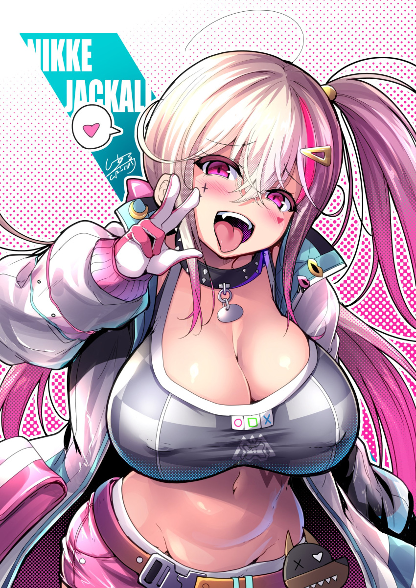 1girls 2023 absurd_res big_breasts breasts c.r. choker cleavage goddess_of_victory:_nikke heart hips jackal_(nikke) large_breasts looking_at_viewer open_mouth peace_sign pink_eyes tongue_out two_tone_hair