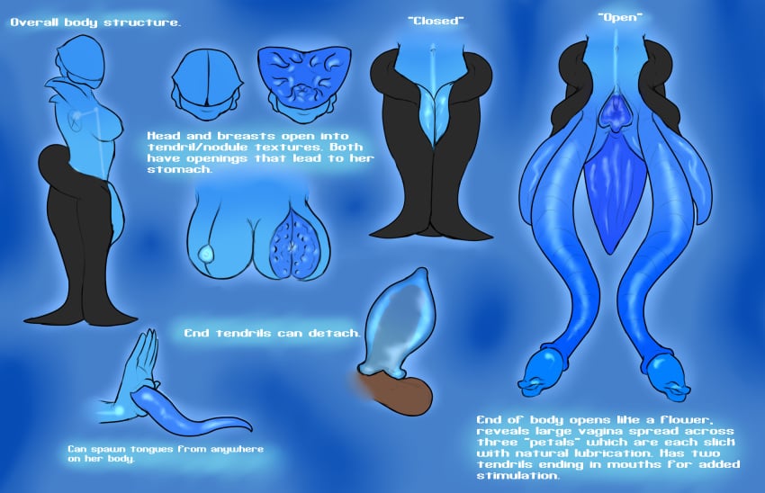 1girls 2017 alien big_breasts blue_pussy blue_skin body_horror breasts disembodied_penis faceless female female_only himerosthegod huge_pussy melusine_(himeros) model_sheet monster_pussy mouth_nipples nipple_mouth original_character penis pussy solo succubus tentacle tentacle_mouth text tongue