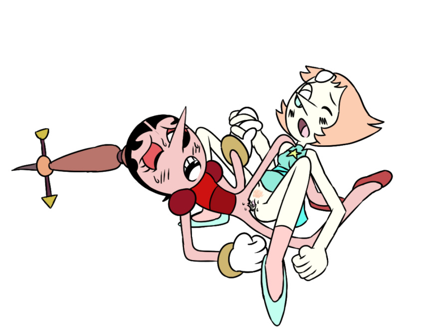 2017 alien blush cartoon_network clothed clothing crossover cuphead_(game) duo female footwear gem gem_(species) hair handwear hilda_berg humanoid humanoid_on_humanoid open_mouth pale_skin pearl_(steven_universe) pussy sex simple_background spread_legs spreading steven_universe thunderfap tribadism unknown_species vaginal_penetration wristwear yuri