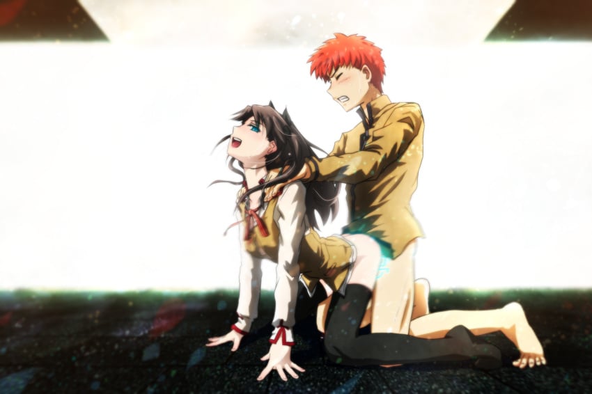 all_fours black_bow blue_eyes bottomless bow brown_hair clenched_teeth closed_eyes doggy_style emiya_shirou fate/stay_night fate_(series) from_behind genya_(genya67) hairbow highres kneeling looking_back male open_mouth red_hair school_uniform sex shoulder_grab teeth thighhighs tohsaka_rin