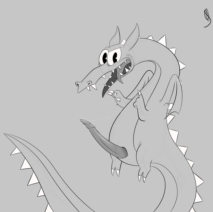 absurdres big_penis claws cuphead_(game) dragon fangs feral greyscale grim_matchstick highres looking_at_viewer male male_only monochrome open_mouth penis precum reptile rhuanfps scales scalie tapering_penis tongue tongue_out wings