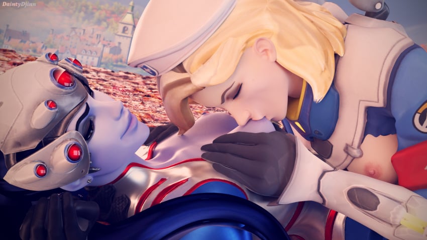 2girls 3d alternate_costume areolae beret blizzard_entertainment breast_sucking breasts breasts_out combat_medic_ziegler daintydjinn female female_only headgear mercy nipples overwatch tricolore_widowmaker widowmaker yuri