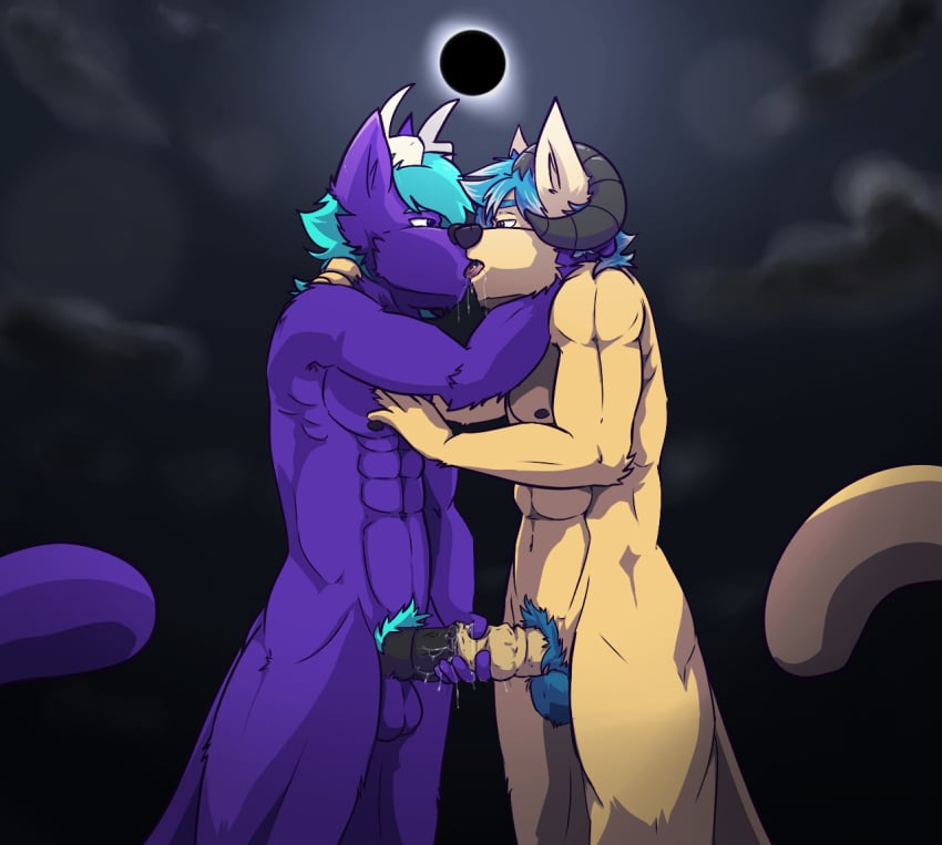 2boys ambiguous_species antlers arrwulf blue_fur cum docking eclipse fur horn hybrid male orgasm pubes purple_fur ram_horns tan_fur yaoi