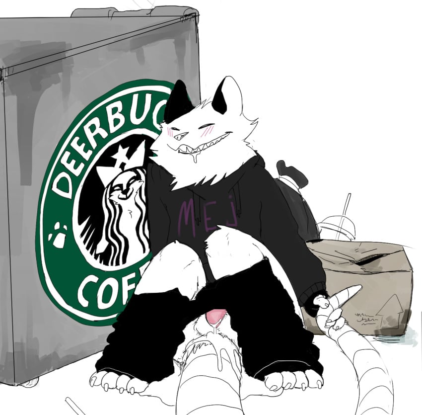 2017 anthro ass balls blush clothed clothing cream cum feet fingerless_gloves food fur gloves happy hoodie ian_(drawdroid) legwear male male_only mammal marsupial mej monochrome opossum paws penis pie sex simple_background smile solo starbucks_parody the_truth trash white_background white_fur