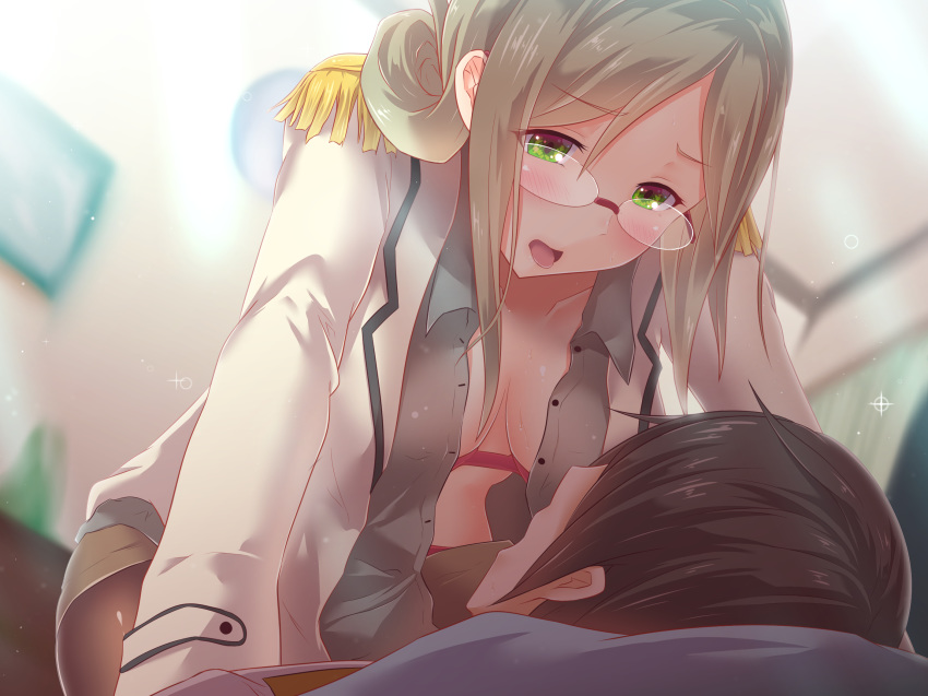 1boy admiral_(kantai_collection) blush bra breasts commentary commentary_request cowgirl_position double-breasted epaulettes female folded_ponytail full_body glasses green_eyes grey_hair highres kantai_collection katori_(kantai_collection) long_hair medium_breasts open_clothes open_mouth panties pantyhose straddling sweat tongue tongue_out twinameless underwear