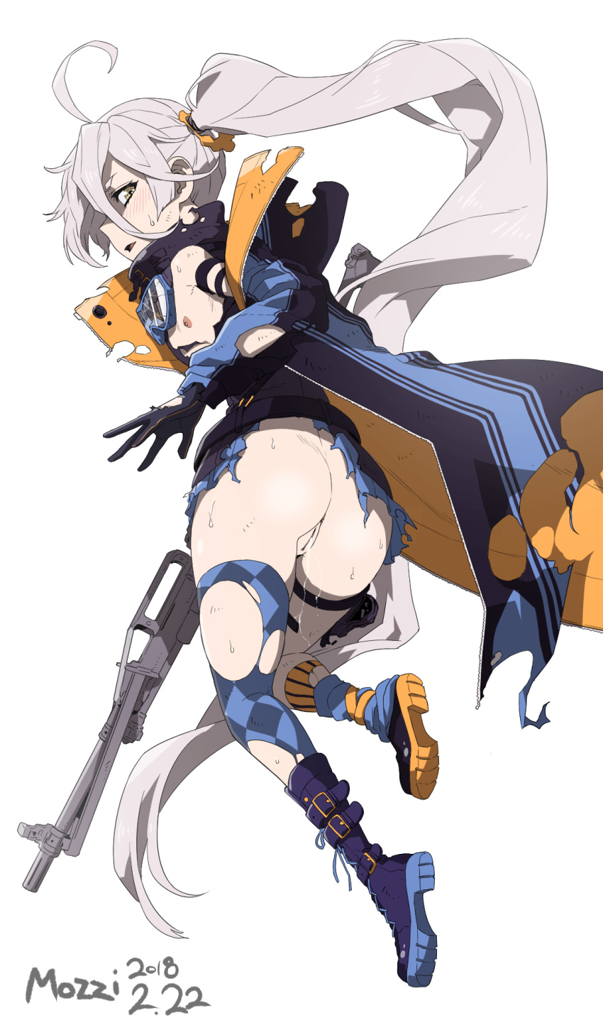 ahoge anus argyle argyle_legwear artist_name ass asymmetrical_footwear asymmetrical_legwear bare_shoulders belt black_gloves black_legwear blue_legwear blue_skirt blush boots broken_goggles bruise coat cross-laced_footwear dated female flat_chest full_body girls'_frontline gloves goggles goggles_around_neck gun hair_between_eyes hair_ornament highres holding holding_gun holding_weapon holster injury lace-up_boots long_hair looking_at_viewer microskirt mozzi nipples open_clothes open_coat open_mouth orange_scrunchie parted_lips pkp_(girls'_frontline) pkp_pecheneg pleated_skirt pussy pussy_juice side_ponytail silver_hair simple_background single_thighhigh skirt solo sweatdrop thigh_holster thighhighs torn_clothes torn_thighhighs uncensored very_long_hair weapon weapon_request white_background yellow_eyes