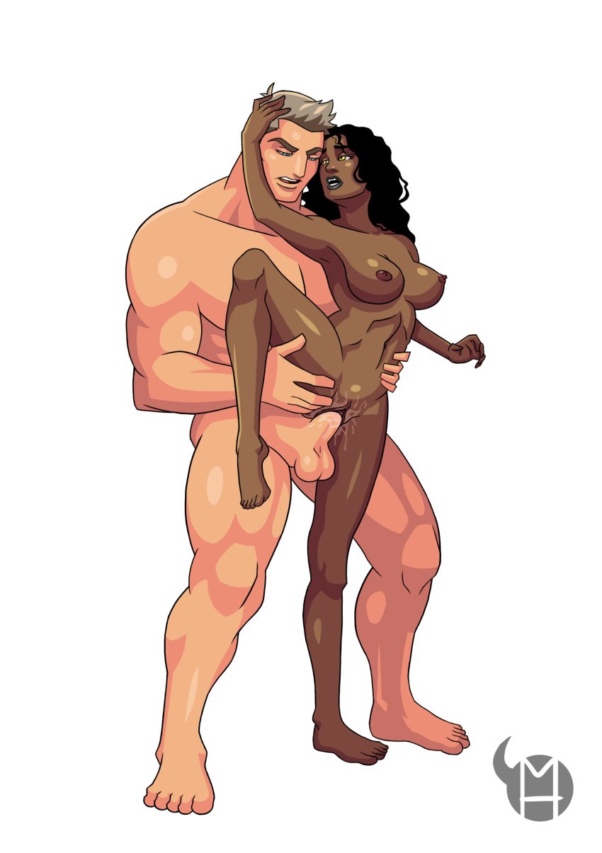 1boy 1girls balls big_breasts big_penis black_hair black_lipstick blonde_hair blue_eyes breasts cel_shading color curly_hair dark-skinned_female dark_skin erect_nipples female interracial larger_male makeup male milo_hornyck muscle muscular muscular_male nipples penis pussy pussy_juice standing_sex straight vaginal_penetration white_background yellow_eyes