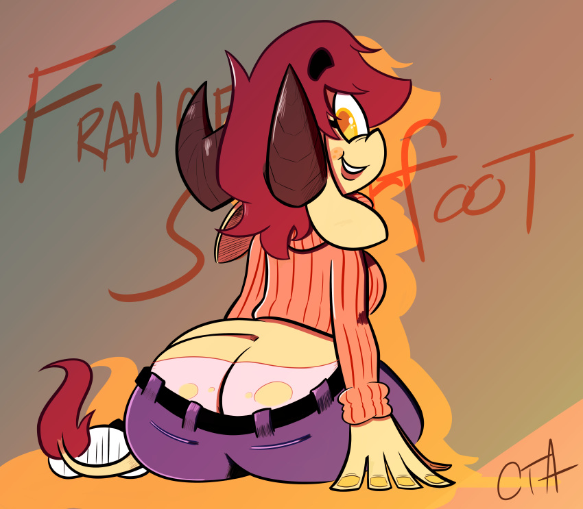 absurd_res amber_eyes anthro caprine clothing female frances_sugarfoot freckles goat hair hi_res horn jeans mammal ota_(artist) pants red_hair ripped_panties sneakers solo sweater