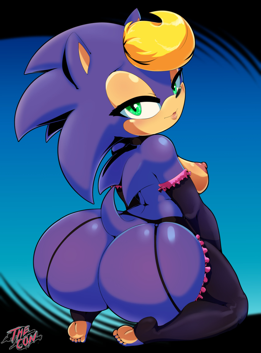 1girls anthro bernadette_hedgehog big_butt bimbo blonde_hair butt_shot female furry garter_belt garter_straps green_eyes hedgehog mammal milf mother presenting sega shortstack solo sonic_(series) stockings thecon