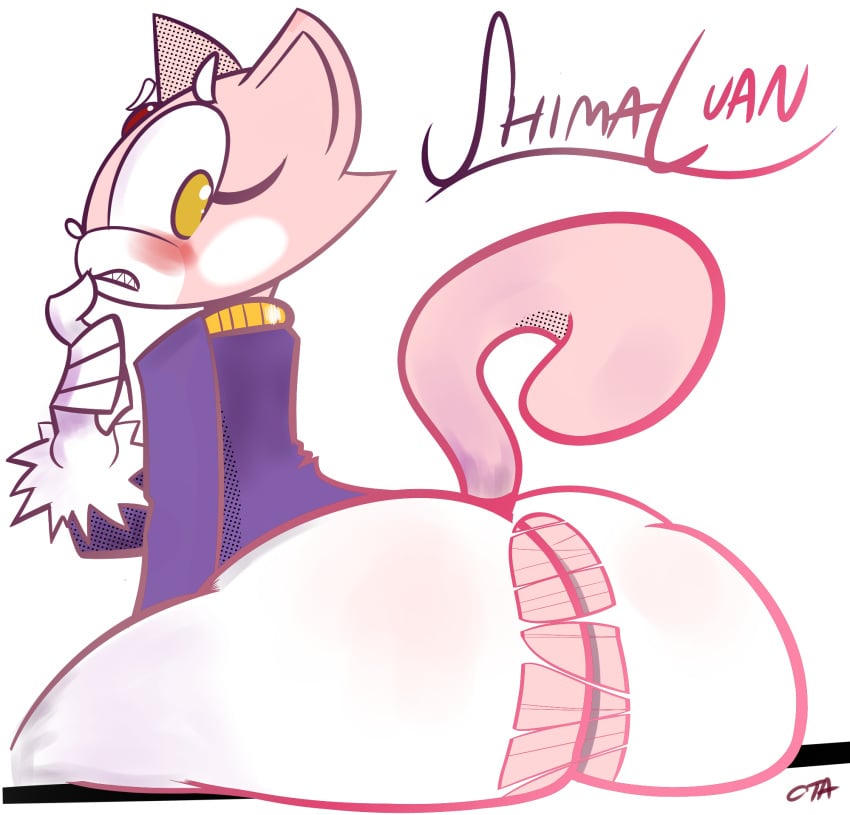 anthro ass big_butt bindi blaze_the_cat blaze_the_cat_(cosplay) blushing clothing cosplay costume dat_ass embarrassed feline female fur glow halftone hi_res ota_(artist) pants pink_fur purple_shirt raised_tail sega sharp_teeth shima_luan sitting solo sonic_(series) super_planet_dolan torn_clothing torn_pants transparent_background voluptuous wardrobe_malfunction yellow_eyes