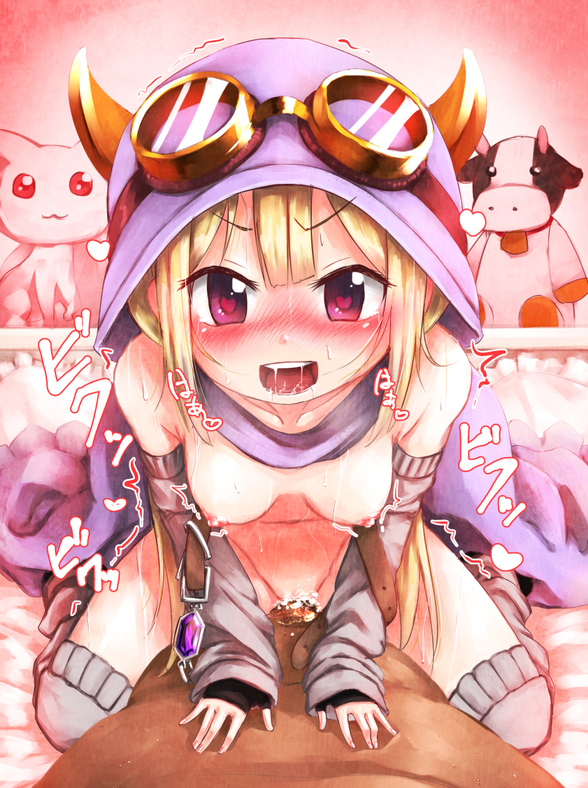 1boy :3 bare_shoulders black_gloves blonde_hair blush clothed_female_nude_male collarbone cowgirl_position cowgirl_position cum cum_in_pussy detached_sleeves female fingerless_gloves full-face_blush gloves goggles goggles_on_head heart heart-shaped_pupils highres hoodie leaning_forward long_hair lying magia_record:_mahou_shoujo_madoka_magica_gaiden mahou_shoujo_madoka_magica mitsuki_felicia navel nipples nude on_back open_mouth pillow pov pov_eye_contact purple_eyes ringoanu saliva scarf sex solo_focus straddling straight stuffed_animal stuffed_cat stuffed_cow sweat symbol-shaped_pupils teeth text trembling vaginal_penetration