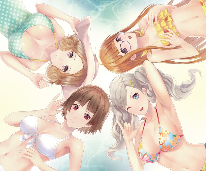 10s 4girls ahoge ann_takamaki arm_up armpits bikini blonde_hair blue_eyes blush bra braid breasts brown_eyes brown_hair cleavage closed_mouth crown_braid facing_viewer floral_print food_print frilled_bikini frills front-tie_bikini_top front-tie_top fruit_print glasses hat large_breasts long_hair looking_at_viewer m/ mozuyun multiple_girls navel niijima_makoto okumura_haru open_mouth orange_hair panties persona persona_5 red_eyes sakura_futaba short_hair skirt small_breasts smile stomach strawberry_print swimsuit teeth tongue twintails underwear upper_body white_skirt