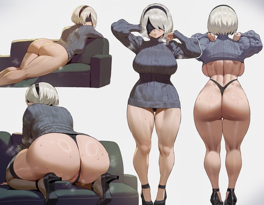 ai_assisted ai_generated big_breasts big_butt black_panties blindfold female heels huge_ass nier:_automata shexyo stilettos sweat sweater tagme white_hair yorha_2b