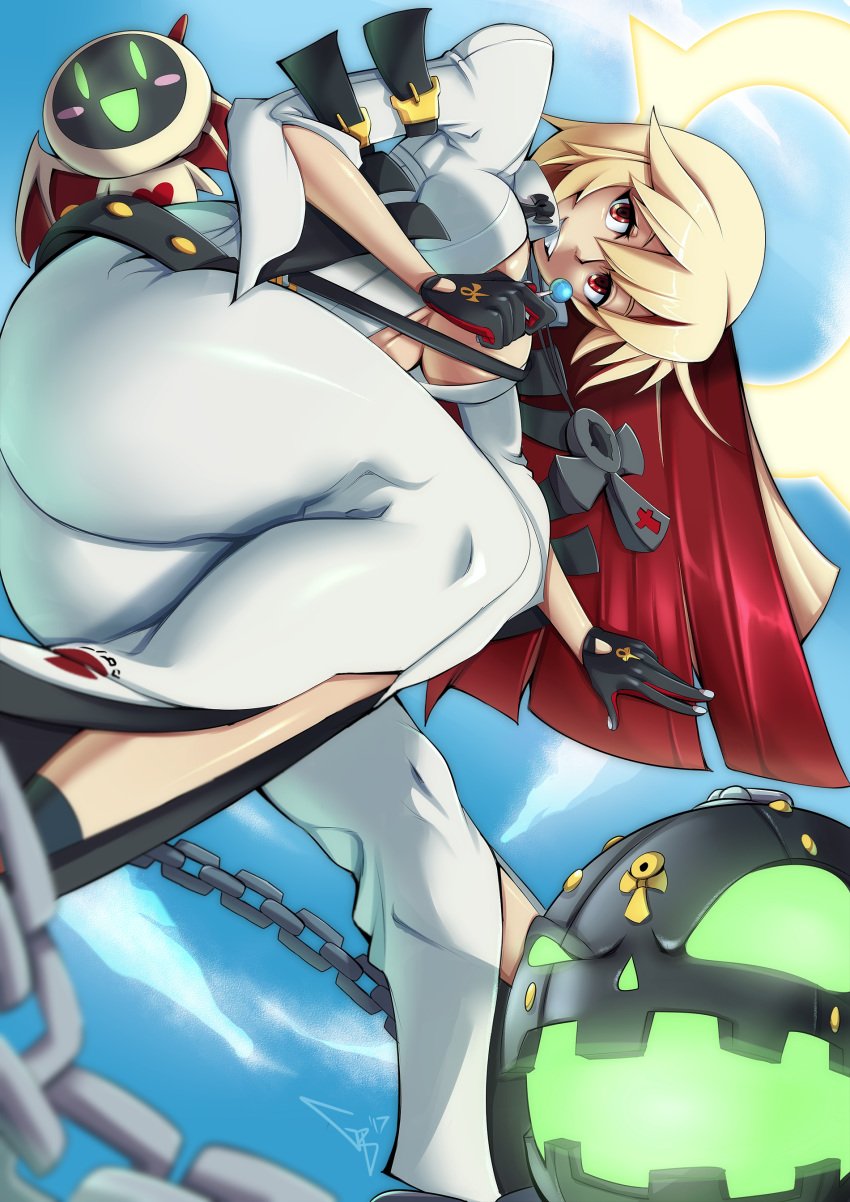 1girls ahoge arc_system_works ass ball_and_chain ball_and_chain_restraint blonde_hair bodysuit breasts candy chains clouds female geistbox gloves guilty_gear guilty_gear_xrd guilty_gear_xrd:_revelator halo hips jack-o'_valentine large_breasts lollipop long_hair looking_at_viewer multicolored_hair red_eyes red_hair shiny shiny_clothes shiny_hair sky smile solo teeth thighs two_tone_hair very_long_hair