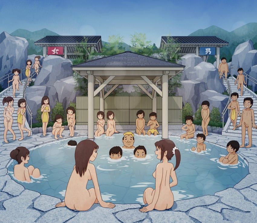 6+boys 6+girls bathing breasts brown_hair completely_nude covering_privates day embarrassed erection female kiyo_(kyokyo1220) male medium_hair mixed-sex_bathing multiple_boys multiple_girls nude nude_cover onsen original outdoors penis shared_bathing sitting stairs