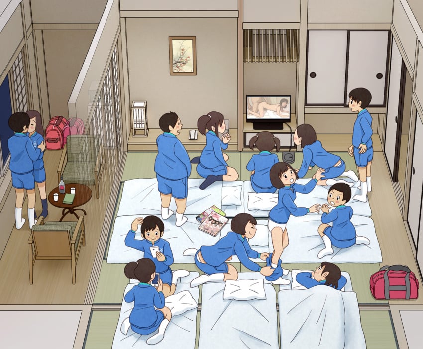 4boys 6+girls blue_jacket blue_shorts female futon indoors jacket kissing kiyo_(kyokyo1220) magazine_(object) male multiple_boys multiple_girls original pornography shorts standing straight tatami television watching_television