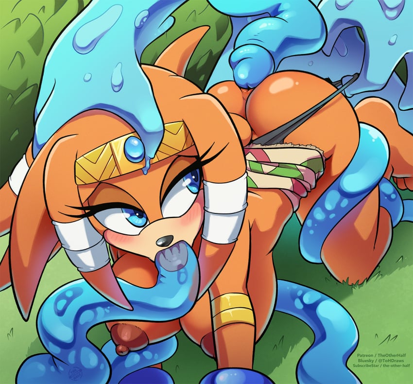 1girls anal anal_sex anthro areola ass blue_eyes blue_tentacles blush bodily_fluids breast_grab breasts chaos_(sonic) clothing digital_media_(artwork) echidna fellatio female forest from_behind genital_fluids genitals gloves hair handwear hi_res jewelry mammal nipples open_mouth oral oral_penetration orange_body outside penetration penile plant pussy restrained sega sex solo sonic_(series) sonic_adventure sonic_the_hedgehog_(series) spread_legs tentacle tentacle_in_mouth tentacle_penetration tentacle_sex the_other_half tikal_the_echidna tree