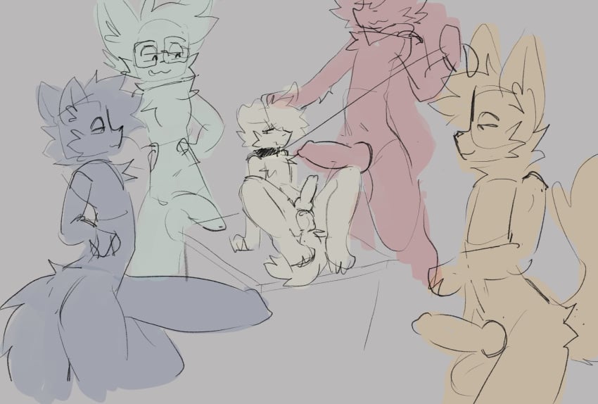 2025 5boys balls bandana belly big_balls canine canine_penis collar collar_and_leash dog_ears eye_covered eyes_half_open femboy furry gay glasses hair_over_one_eye hand_on_head hands_on_hips hands_on_table knotted_penis leash leash_and_collar legs_on_table looking_away looking_embarrased penis penis_close_to_face penis_on_table penis_size_difference sammy_toyy size_difference small_penis supporting_body_with_arms table tail thighs wolf wolf_ears