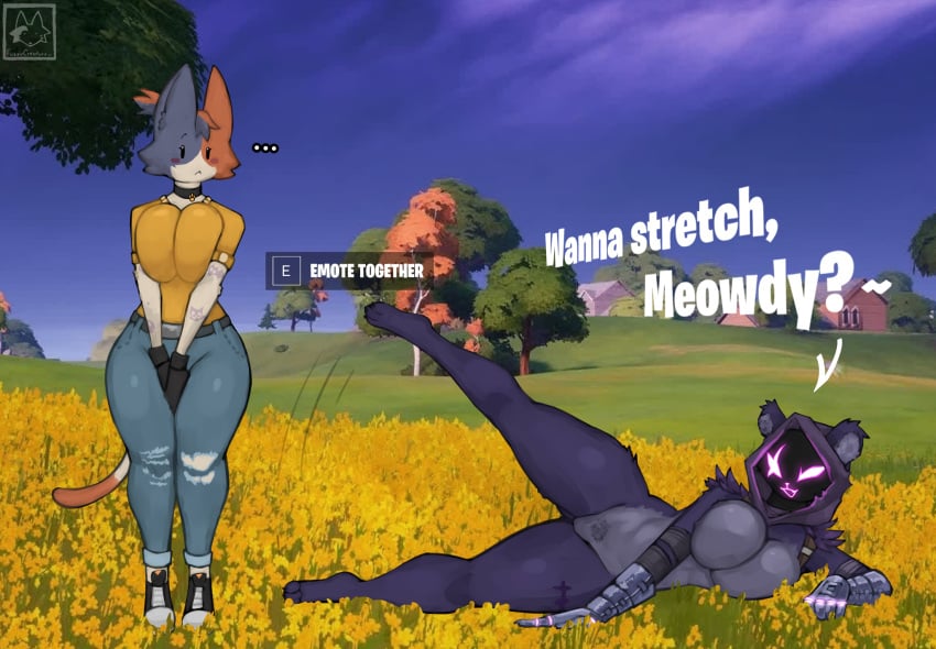 2d 2girls anthro artist_request bear big_breasts blush blush breasts breasts breasts calico_cat cat_ears cat_humanoid cate_meowdy_(fortnite) clothed clothed_female collar curvy curvy_female english_text epic_games eye_scar felid feline feline female female_only fortnite fortnite:_battle_royale fur furry furry_female imminent_sex laying laying_on_ground laying_on_side leg_up legs_apart looking_at_another raven_team_leader scar_across_eye standing tagme text thick_thighs thighs yuri yuri