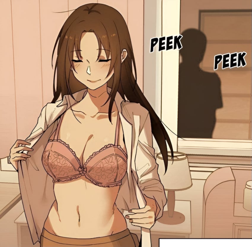 april_(close_as_neighbors) bare_belly belly_button blush bra breasts brown_hair cleavage close_as_neighbors closed_eyes closed_mouth collarbone groin indoors long_hair manhwa medium_breasts peeping pink_bra pornhwa removing_shirt rodong shiny_skin skirt smile underwear undressing voyeur voyeurism webtoon white_shirt
