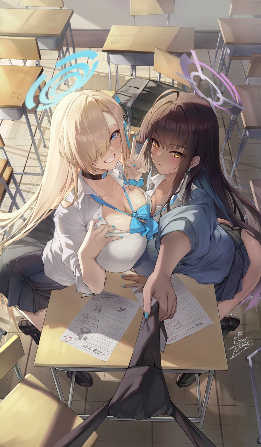 2girls ass asuna_(blue_archive) asuna_(school_uniform)_(blue_archive) bag black_choker black_hair blonde_hair blue_archive blue_eyes bow bowtie breasts choker classroom clothes_grab clothes_lift commentary desk english_commentary gainoob halo highres karin_(blue_archive) karin_(school_uniform)_(blue_archive) large_breasts loose_bowtie miniskirt multiple_girls necktie necktie_grab neckwear_grab paper pov school_bag school_desk school_uniform sitting skirt skirt_lift test_score v yellow_eyes