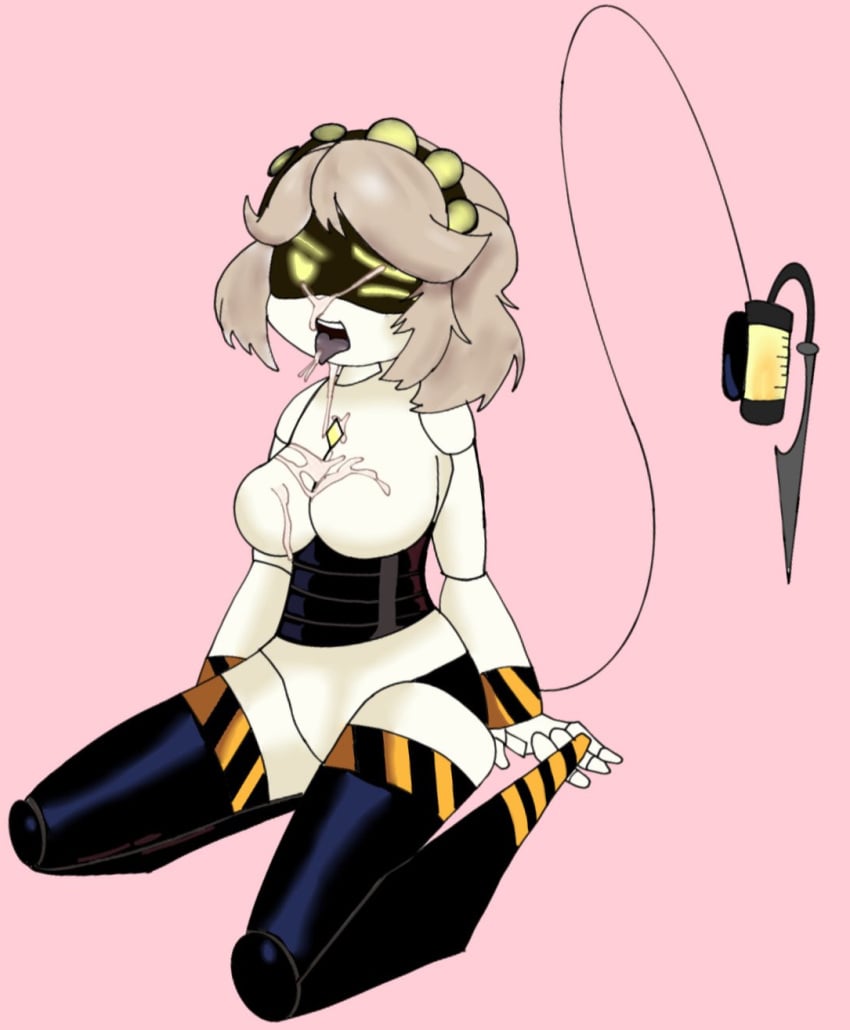 cum cum_drip cum_in_mouth cum_on_body cum_on_breasts cum_on_eye cum_on_face cum_on_tongue cumshot female female_only kneeling kneeling_oral_position metallic_body metallic_hair murder_drones open_mouth robot robot_girl robotic robotic_arm thighs yellow_eyes
