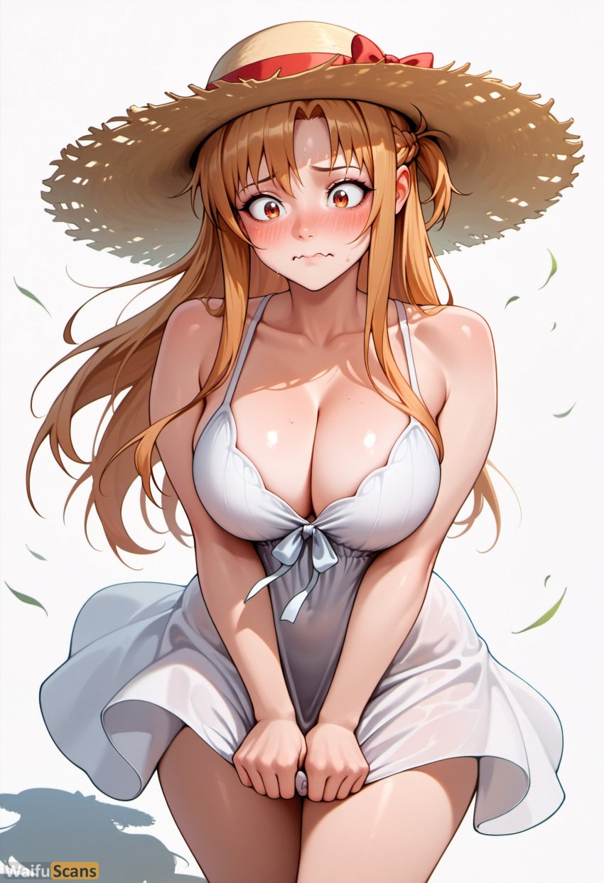 ai_generated artist_name asuna_(sao) bangs bare_shoulders blush bow braid breasts brown_eyes brown_hair cleavage closed_mouth collarbone cowboy_shot dress dress_tug embarrassed female hat high_resolution highres large_breasts long_hair red_bow ribbon see-through short_dress simple_background sleeveless sleeveless_dress solo stable_diffusion straw_hat sun_hat sundress sweat sword_art_online thighs waifuscans418 wavy_mouth white_background white_dress wind