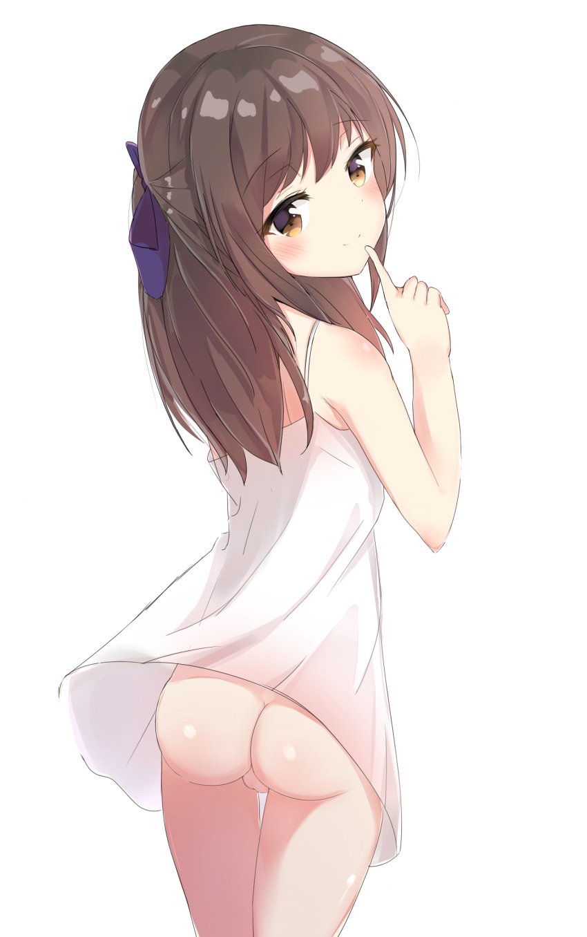 ass blush brown_hair dress female female from_behind hair_ornament hair_ribbon idolmaster idolmaster_cinderella_girls index_finger_raised light_brown_eyes long_hair looking_at_viewer looking_back no_panties pussy ribbon shushing simple_background smile solo standing tachibana_(x_quick) tachibana_arisu uncensored white_background white_dress