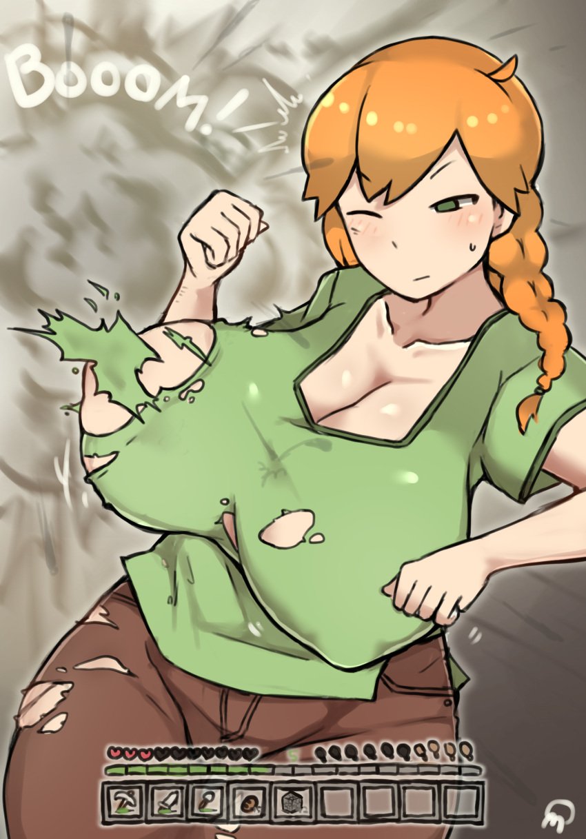 ahoge alex_(minecraft) areola_slip braid breasts brown_pants censored_nipples cleavage collarbone convenient_censoring damaged explosion female green_eyes green_shirt hand_up heart highres large_breasts minecraft multicolored_hair orange_hair pants shirt side_braid streaked_hair sweat sweatdrop tearing_clothes thick_thighs thighs tied_shirt torn_clothes torn_legwear torn_pants torn_shirt umitsuki_(kurage_no_shokushu) wardrobe_malfunction