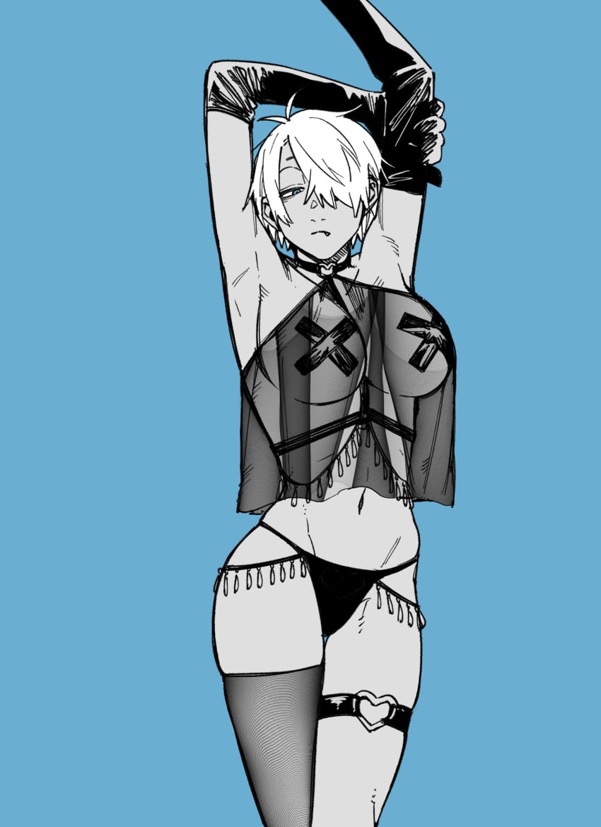 armpits arms_up big_breasts blue_background blue_eyes cute_fang elbow_gloves female female_only garter gegege_no_kitarou genderswap_(mtf) gloves hair_over_one_eye half-closed_eyes jewelry kitarou_tanjou_gegege_no_nazo kngr_dappou looking_at_viewer medama_oyaji_(human) milf oerba_yun_fang pasties restricted_palette rule_63 see-through_clothing short_hair single_thighhigh solo thigh_strap very_short_hair x_pasties