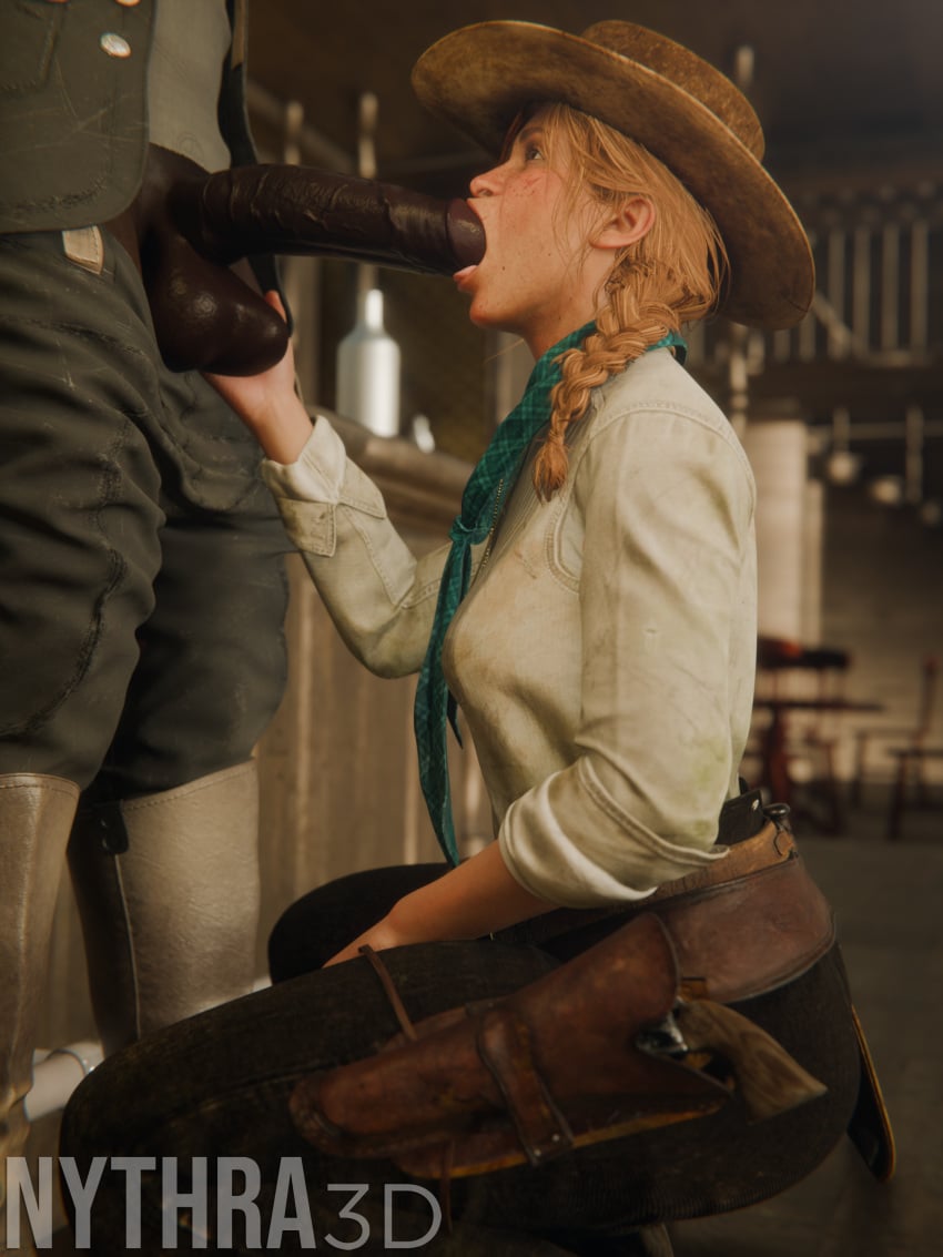 1boy 1boy1girl 1girls 2025 3d 3d_(artwork) 4k big_penis blowjob clothing dark-skinned_male dark_skin fellatio female grabbing grabbing_balls gun hat highres holding_balls holster interracial kneeling kneeling_oral_position male nythra3d partially_clothed red_dead_redemption_(series) red_dead_redemption_2 rockstar_games sadie_adler side_view sucking tagme tongue_out