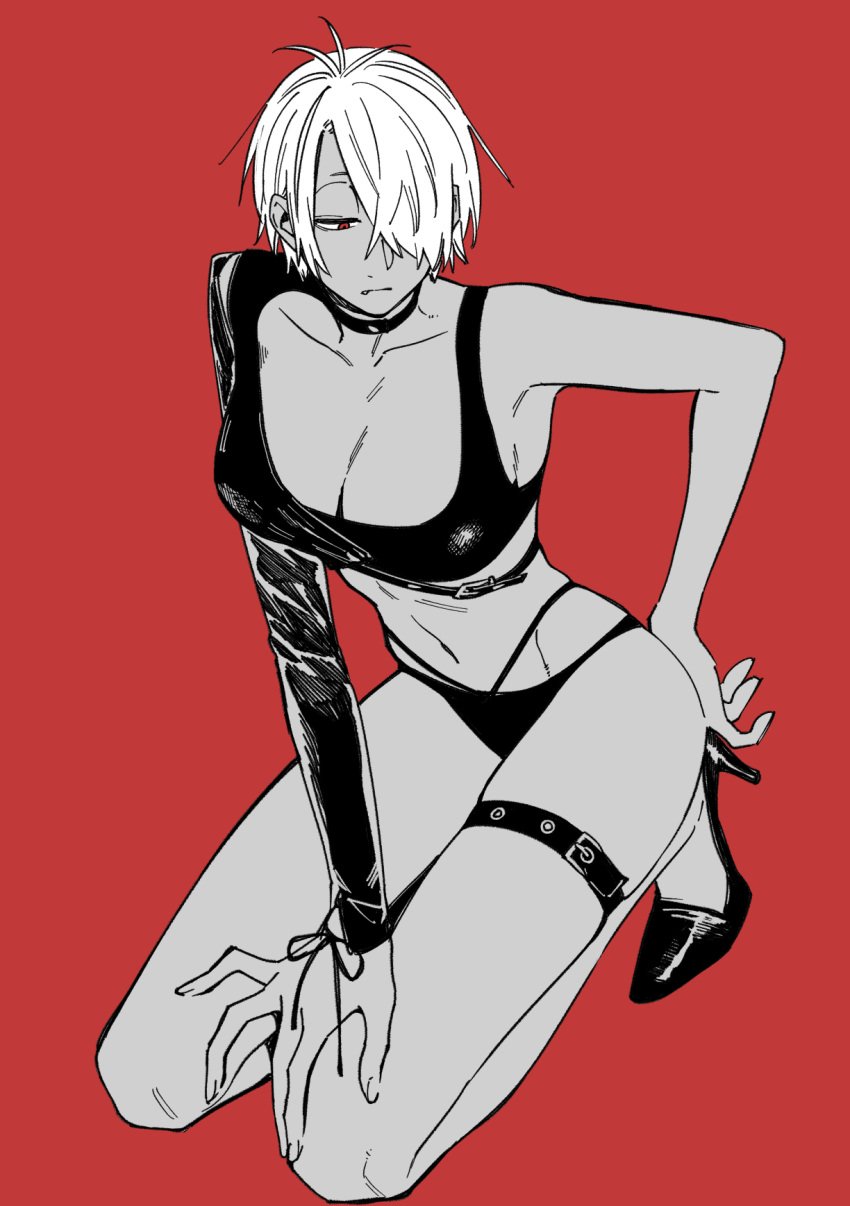alternate_costume big_breasts cleavage cute_fang female female_only full_body garter gegege_no_kitarou genderswap_(mtf) hair_over_one_eye half-closed_eyes high_heels kitarou_tanjou_gegege_no_nazo kneeling kngr_dappou long_legs medama_oyaji_(human) milf oerba_yun_fang red_background red_eyes restricted_palette rule_63 short_hair solo thigh_strap very_short_hair