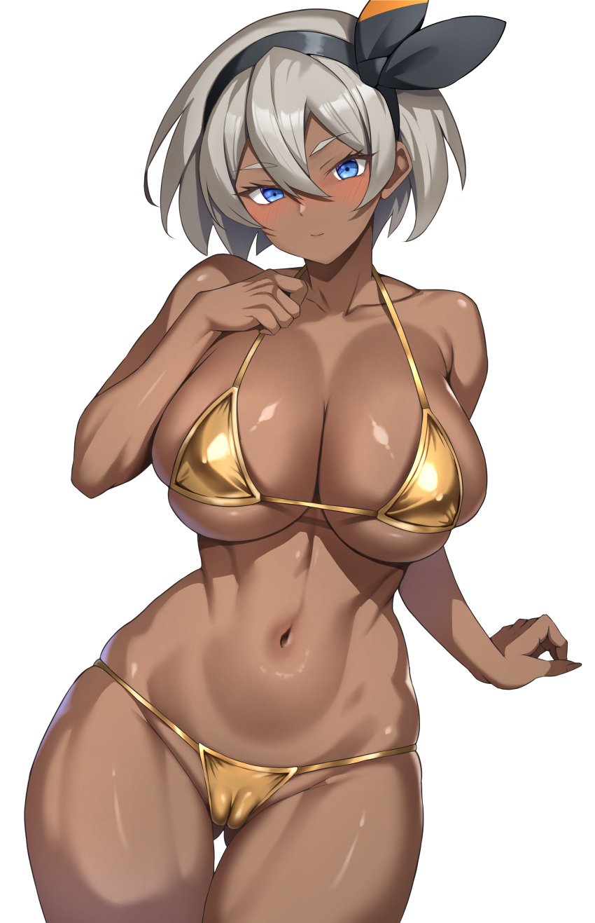 1girls bare_arms bare_legs bare_shoulders bare_thighs bea_(pokemon) big_breasts bikini bikini_bottom bikini_top blue_eyes blush clothed clothing color dark-skinned_female dark_skin female female_focus female_only game_freak gold_bikini golden_bikini grey_hair gym_leader hi_res large_breasts looking_at_viewer nintendo pokemon pokemon_ss pokemon_trainer short_hair solo solo_female tagme thick_thighs