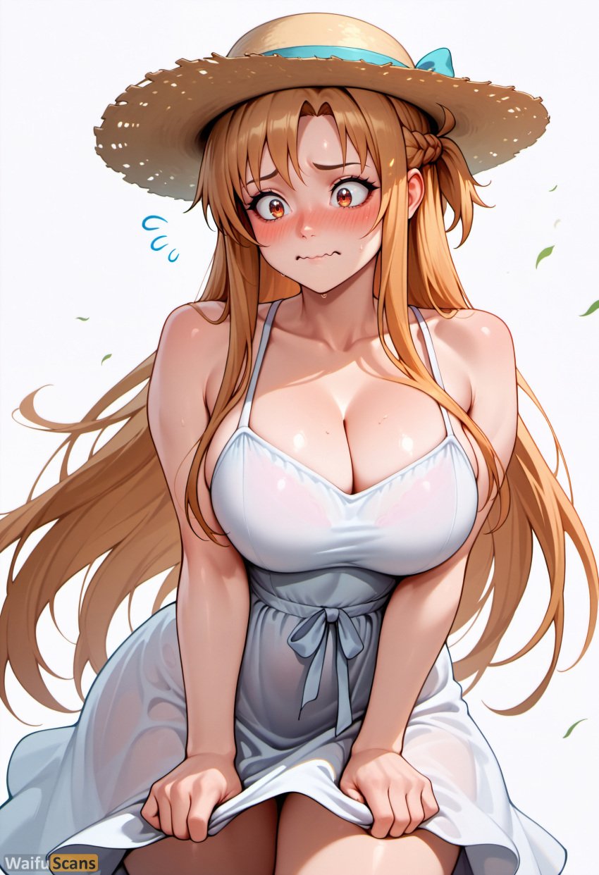 ai_generated asuna_(sao) bangs bare_shoulders blush braid breasts brown_eyes brown_hair cleavage closed_mouth collarbone cowboy_shot dress dress_tug embarrassed female hat hat_ribbon high_resolution highres large_breasts long_hair ribbon see-through simple_background sleeveless sleeveless_dress solo stable_diffusion straw_hat sun_hat sundress sweat sword_art_online thighs underwear waifuscans418 wavy_mouth wet wet_clothes white_background white_dress