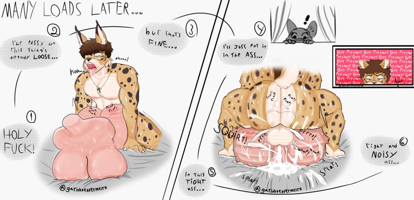 ahe_gao anal anthro ass ass_clapping bed being_watched big_breasts big_butt bodily_fluids brazilian breasts breath brown_hair collar cum cum_from_ass cum_from_pussy cum_in_ass cum_in_pussy cum_inside cum_on_bed cum_on_sheets cum_pool english_text felid feline fur furniture gatinhoenfermeiro genital_fluids get_pregnant_(meme) hair hi_res looking_at_another looking_pleasured lynx male mammal markings nipples onomatopoeia panting pecs penetrable_sex_toy sex_toy signature simple_background sound_effects spots spotted_markings sweat text thrust_lines thrusting thrusting_sound_effect twerking vaginal_penetration victor_(gatinhoenfermeiro) white_body white_fur yellow_body yellow_fur