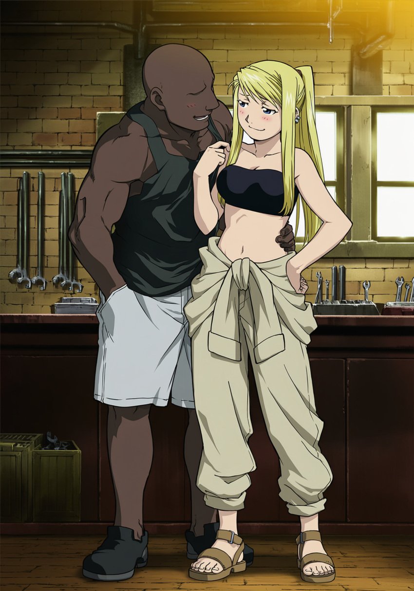 1boy 1girls abasta ai_generated blonde_hair blue_eyes dark dark-skinned_male dark_skin female flirting fullmetal_alchemist interracial light-skinned_female male mechanic netorare sandals sidelocks smug winry_rockbell workshop