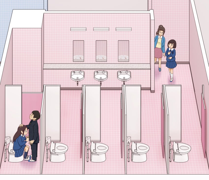 1boy 3girls blue_jacket blue_skirt bra brown_hair female handjob jacket kiyo_(kyokyo1220) male mirror multiple_girls original pink_bra pleated_skirt public_restroom school_uniform skirt straight tile_floor tile_wall tiles toilet underwear