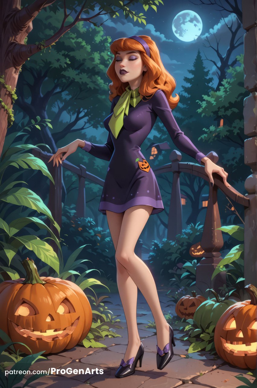 1girls ai_generated artist_name black_footwear breasts cartoon_network closed_eyes daphne_blake dress full_body full_moon ginger ginger_hair hairband halloween hanna-barbera hi_res high_heels jack-o'-lantern lipstick long_hair long_sleeves makeup medium_breasts moon night night_sky orange_hair outdoors progenarts pumpkin purple_dress purple_hairband scooby-doo short_dress sky solo standing tree warner_brothers watermark web_address