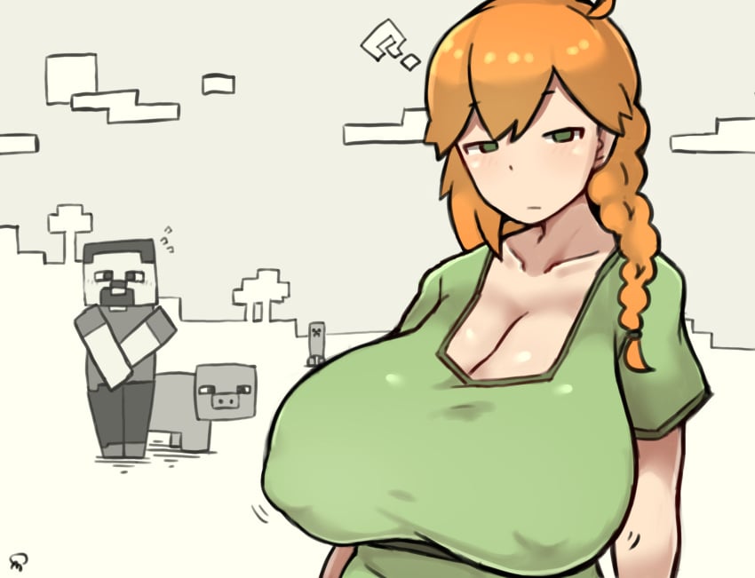 1boy ? ahoge alex_(minecraft) braid breasts brown_pants cleavage cloud collarbone creeper eyebrows female green_eyes green_shirt highres large_breasts looking_at_viewer minecraft monochrome orange_hair pants ponytail raised_eyebrow raised_eyebrows shirt side_braid sky steve_(minecraft) sun tied_shirt tree umitsuki_(kurage_no_shokushu)