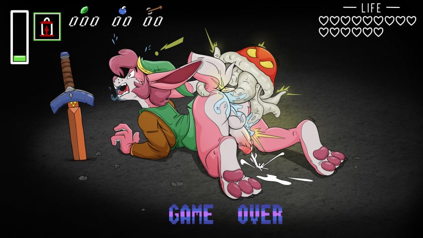 all_fours ambiguous_gender anal anal_sex anthro ass balls bodily_fluids bottomless bottomless_anthro bottomless_male clothed clothing cnidarian cum cum_while_penetrated defeat_sex defeated defeated_hero digital_media_(artwork) duo electric_shock electricity electrocution electrostimulation english_text erection forced fur furfragged game_over game_over_screen game_ui gameplay_mechanics gay genital_fluids genitals hair hi_res humanoid_genitalia humanoid_penis jellyfish lagomorph leporid male male/ambiguous male_penetrated mammal marine medusozoan melee_weapon penetration penis pink_body pink_fur questionable_consent rabbit rape sex shirt simple_background sword sword_in_ground tail tentacle tentacle_in_ass tentacle_penetration tentacle_rape tentacle_sex teratophilia text topwear tunic weapon