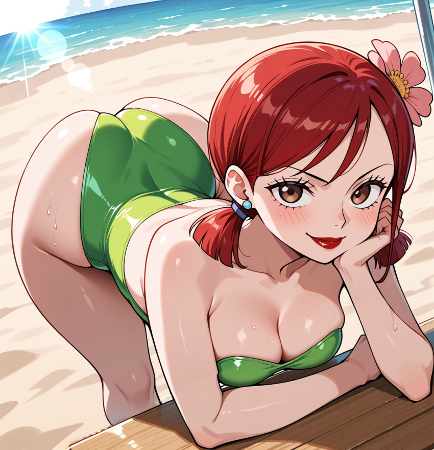 ai_generated arm_rest ass bare_shoulders beach bent_over blush breasts brown_eyes casual_one-piece_swimsuit cleavage collarbone day earrings female flower green_one-piece_swimsuit hair_flower hair_ornament head_rest jewelry lipstick looking_at_viewer medium_breasts medium_hair ocean one-piece_swimsuit outdoors pink_flower red_hair red_lips smile solo strapless sunlight swimsuit thighs twintails v-shaped_eyebrows water zoey_(tdi)