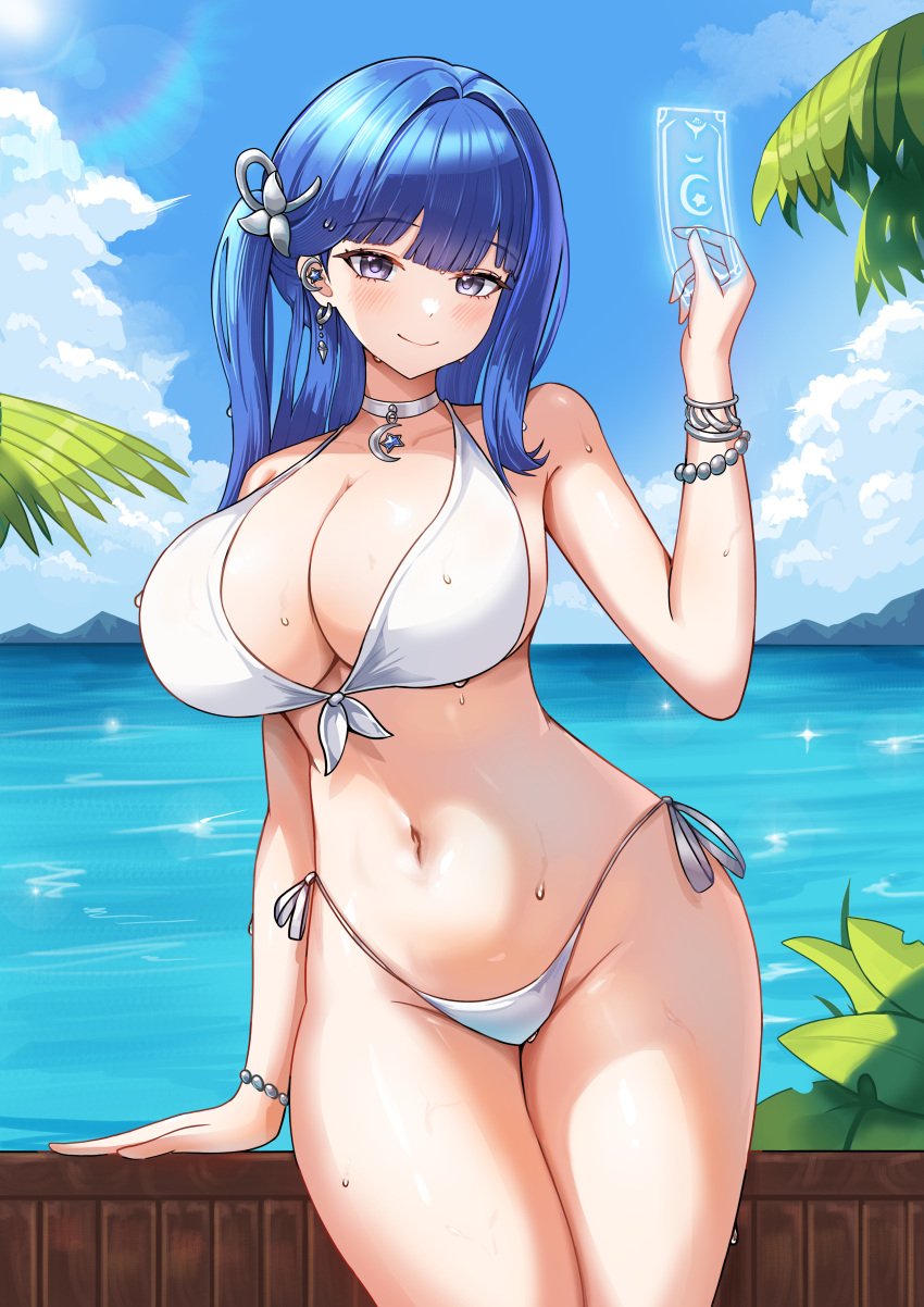 absurdres arcana_(nikke) bead_bracelet beads bikini blue_hair bracelet breasts choker cleavage closed_mouth cowboy_shot day earrings female front-tie_bikini_top front-tie_top goddess_of_victory:_nikke hand_up highleg highleg_bikini highres jewelry large_breasts long_hair looking_at_viewer navel one_side_up outdoors purple_eyes side-tie_bikini_bottom smile solo stomach string_bikini swimsuit thighs vavamva wet white_bikini white_choker