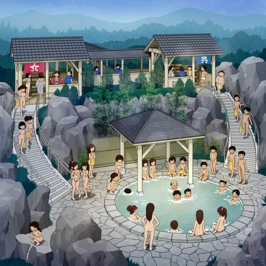 6+boys 6+girls ass bathing breasts brown_hair completely_nude covering_privates day embarrassed erection female highres kiyo_(kyokyo1220) male medium_hair mixed-sex_bathing multiple_boys multiple_girls nude nude_cover onsen original outdoors peeing penis shared_bathing sitting stairs undressing