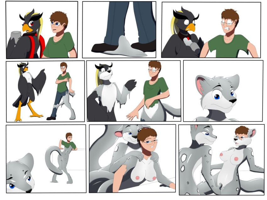 2019 4:3 anthro areola ass avian barely_visible_genitalia barely_visible_pussy beak biped black_body black_markings black_nose blue_eyes bottomwear breasts brown_hair ciel_(phoenix) clothed clothing colored comic countershade_face countershade_neck countershade_torso countershading denim denim_bottomwear denim_clothing duo duo_transformation eyewear feet felid female front_view fully_clothed gender_transformation genitals glasses goo_transformation grey_body growth hair human imminent_sex jeans leaning_on_table looking_at_another male mammal markings mtf_transformation nipples nude open_mouth pantherine pants pink_inner_ear pussy rear_view red_eyes shirt simple_background smile snow_leopard species_transformation spots spotted_body standing t-shirt tail tail_growth talons toes tomek1000_(character) topwear transformation white_background white_body white_countershading wolferion yellow_markings