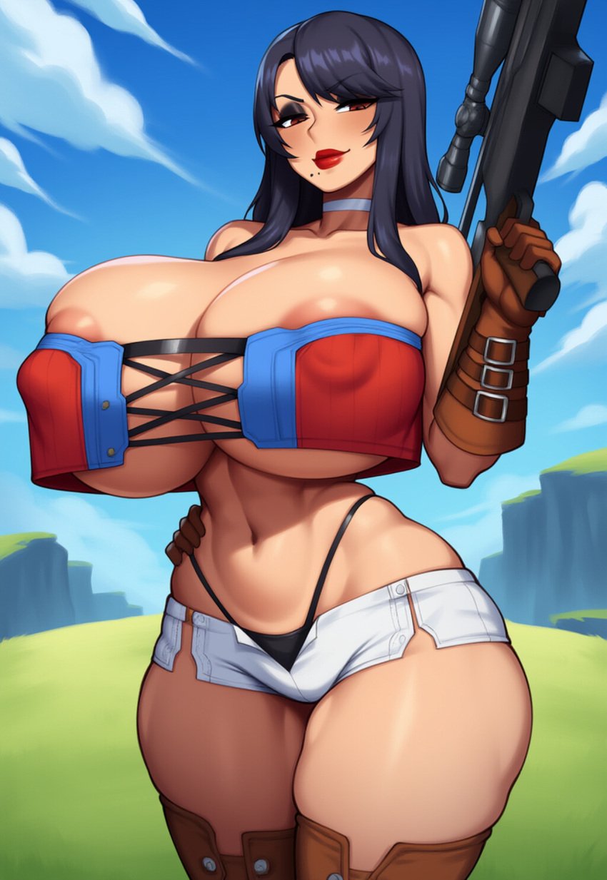 1girls adapted_costume ai_generated areola areolae bare_shoulders bimbo bimbo_body bimbo_lips bimbofication bimbofied breasts breasts_bigger_than_head choker cleavage cliff cross-laced_clothes eyeshadow female field gigantic_breasts gloves grass grass_field gun half-closed_eyes hand_on_hip holding_gun holding_object holding_weapon huge_ass huge_breasts lipstick massive_breasts micro_shorts navel nipple_bulge novelai outdoors outside rifle seductive sharla_(xenoblade) shirt_overhang short_shorts skindentation sniper_rifle solo solo_female strapless tgm101_(artist) thick_lips thick_thighs thigh_boots thin_waist thong tube_top tubetop underboob weapon weapon_over_shoulder wide_hips xenoblade_(series) xenoblade_chronicles xenoblade_chronicles_(series)