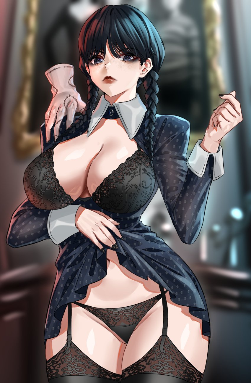 1girls aged_up alternate_breast_size big_breasts black_bra black_dress black_eyes black_garter_belt black_garter_straps black_hair black_lingerie black_lipstick black_pantyhose black_stockings black_thong bra braid breasts cleavage clothing dress enmanuelart20 female figure garter_belt garter_straps goth goth_girl huge_breasts lingerie long_hair looking_at_viewer low_twin_braids panties solo standing stockings tagme the_addams_family thick_thighs thighhighs thighs thing_(addams_family) thong twin_braids twintails wednesday_addams